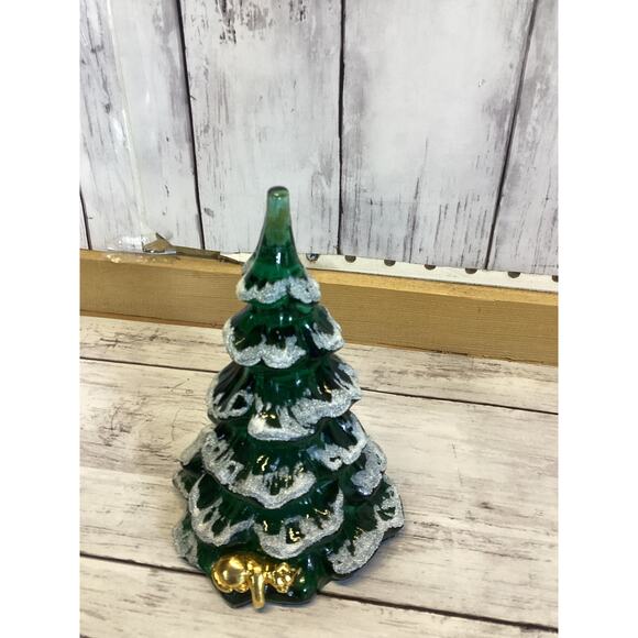 Vintage-Style Green Glass Light-Up Christmas Tree Figurine - Flocked Snow Decor - Picture 2 of 6